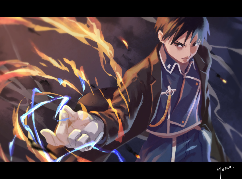 1boy arm_at_side black_border black_coat black_eyes black_hair blue_jacket border closed_mouth coat collared_jacket commentary_request fighting_stance fire floating_clothes foreshortening fullmetal_alchemist gloves highres jacket long_sleeves looking_at_viewer military_uniform outstretched_arm pyrokinesis roy_mustang serious short_hair signature solo spiked_hair uniform v-shaped_eyebrows white_gloves yono_999