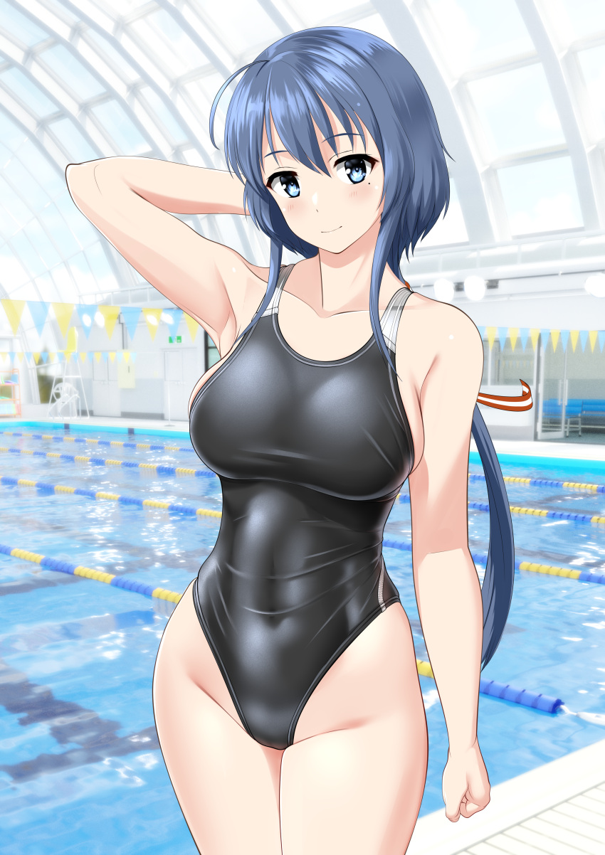 1girl absurdres ahoge arm_behind_head black_one-piece_swimsuit blue_hair breasts collarbone commentary_request competition_swimsuit covered_navel cowboy_shot green_eyes highleg highleg_swimsuit highres indoors large_breasts long_hair low_ponytail one-piece_swimsuit pool poolside setouchi_chie solo standing string_of_flags swimsuit takafumi toji_no_miko two-tone_swimsuit variant_set