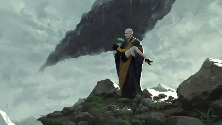 1boy 1other androgynous arch bald bare_legs bell belt black_footwear black_kimono carrying closed_eyes cloud cloudy_sky day envie_p1 gem_uniform_(houseki_no_kuni) gloves green_hair high_heels highres houseki_no_kuni japanese_clothes kesa kimono kongou_sensei monk nature outdoors phosphophyllite princess_carry rock shoes short_hair short_sleeves sky standing unconscious white_gloves wide_shot