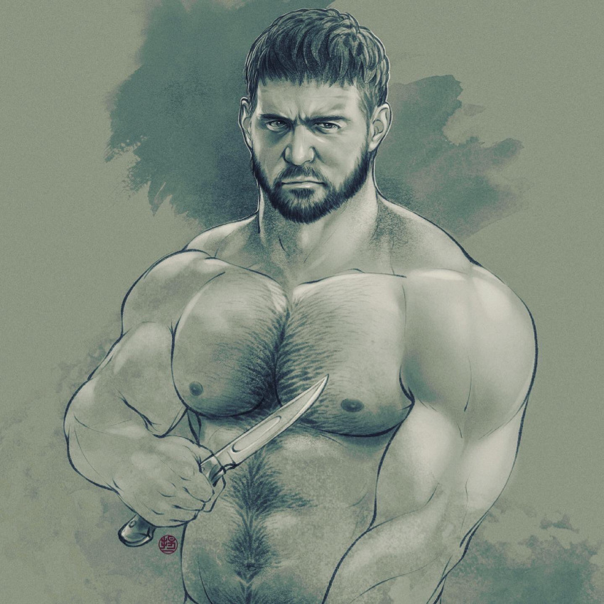 1boy bara chest_hair chris_redfield closed_mouth completely_nude facial_hair highres holding holding_knife holding_weapon instagram_username knife large_pectorals male_focus male_pubic_hair monochrome muscular muscular_male navel nipples nude pectorals pubic_hair resident_evil resident_evil_village short_hair solo upper_body weapon weibo_username youngyee_art