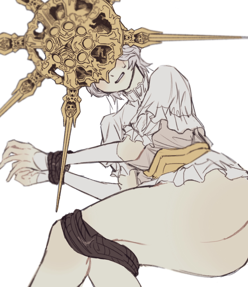 1boy absurdres ass blush bound bound_legs bound_wrists clenched_teeth dark_souls_(series) dark_souls_i dark_sun_gwyndolin detached_sleeves dress from_behind gold_headwear grey_dress helmet highres short_sleeves simple_background solo teeth white_background zunkome