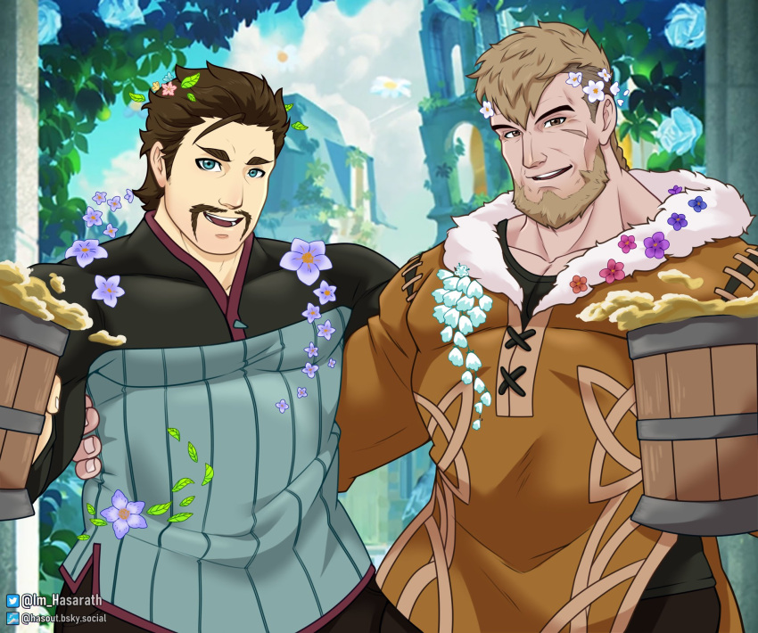 2boys alcohol alois_rangeld arts_of_hasarath bara beer blonde_hair blue_eyes brown_hair couple cowboy_shot facial_hair fire_emblem fire_emblem:_three_houses flower forest hair_flower hair_ornament happy highres jeralt_reus_eisner large_pectorals long_sleeves looking_at_viewer male_focus mature_male multiple_boys muscular muscular_male mustache nature pectorals short_hair side-by-side smile thick_eyebrows valentine yaoi