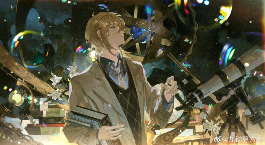 1boy absurdres alkaid_mcgrath armillary_sphere between_fingers black_sweater_vest blonde_hair blue_shirt book book_stack brown_jacket bubble closed_mouth cloud collared_shirt flower globe green_eyes hair_between_eyes highres holding holding_book holding_pen jacket lapels lily_(flower) long_sleeves looking_up lovebrush_chronicles male_focus medium_hair necktie night notched_lapels observatory pen profile shachang shirt sky solo star_(sky) starry_sky sweater_vest telescope upper_body weibo_logo weibo_username white_flower white_lily white_necktie
