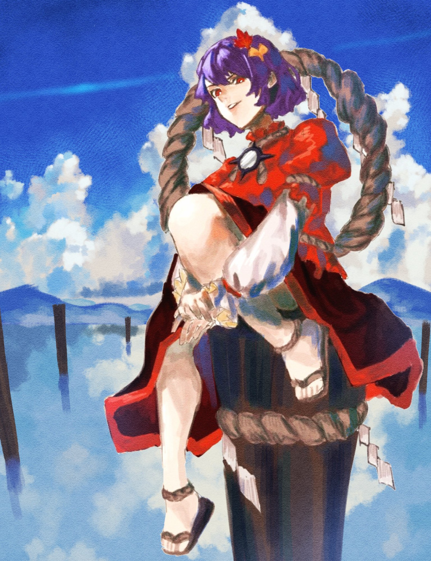 1girl aojirozame1228 bare_legs black_skirt brown_footwear cloud day faux_traditional_media hair_ornament highres hugging_own_legs knee_up leaf_hair_ornament log long_sleeves looking_at_viewer mountainous_horizon ocean outdoors own_hands_together parted_lips puffy_short_sleeves puffy_sleeves purple_hair red_eyes red_shirt reflection reflective_water rope sandals shide shirt short_hair short_sleeves sitting skirt sky solo teeth toes touhou undershirt upper_teeth_only white_sleeves yasaka_kanako zouri