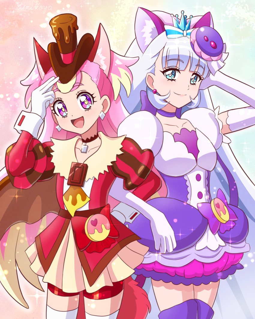 2girls absurdres adjusting_clothes adjusting_headwear animal_ears aqua_eyes artist_name benikoya bike_shorts black_choker black_headwear blonde_hair boots bow cat_ears choker closed_mouth coat commentary cosplay cowboy_shot crown cure_chocolat cure_chocolat_(cosplay) cure_macaron cure_macaron_(cosplay) cure_nyammy cure_wonderful dog_ears dress dress_bow earrings elbow_gloves fake_animal_ears food food-themed_hair_ornament gloves hair_ornament hand_in_own_hair hat highres inukai_komugi jewelry juliet_sleeves kirakira_precure_a_la_mode locked_arms long_hair long_sleeves macaron mini_crown multiple_girls nekoyashiki_yuki open_mouth pink_hair pouch precure puffy_short_sleeves puffy_sleeves purple_choker purple_dress purple_eyes purple_footwear red_coat red_shorts short_dress short_sleeves shorts side-by-side signature smile standing thigh_boots thighhighs top_hat trait_connection two_side_up white_gloves white_hair white_thighhighs wonderful_precure!