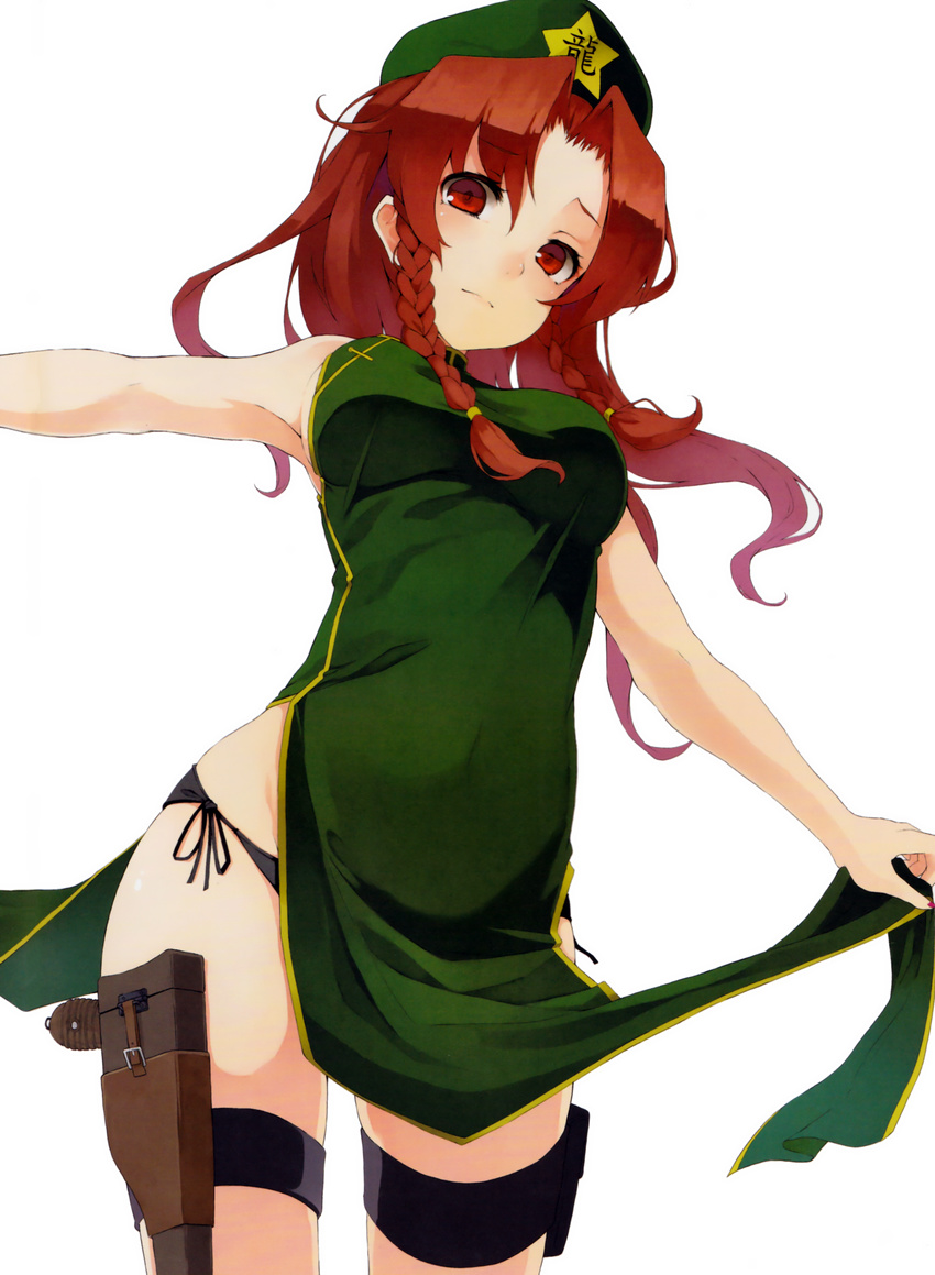 absurdres alternate_costume bare_shoulders beret black_panties braid china_dress chinese_clothes covered_navel dress dress_lift gun handgun hat highres holster hong_meiling huge_filesize long_hair mauser_c96 nail_polish nanahara_fuyuki outstretched_arms panties red_eyes red_hair scan side-tie_panties simple_background solo spread_arms taut_clothes taut_dress thigh_holster thigh_strap touhou twin_braids underwear weapon white_background