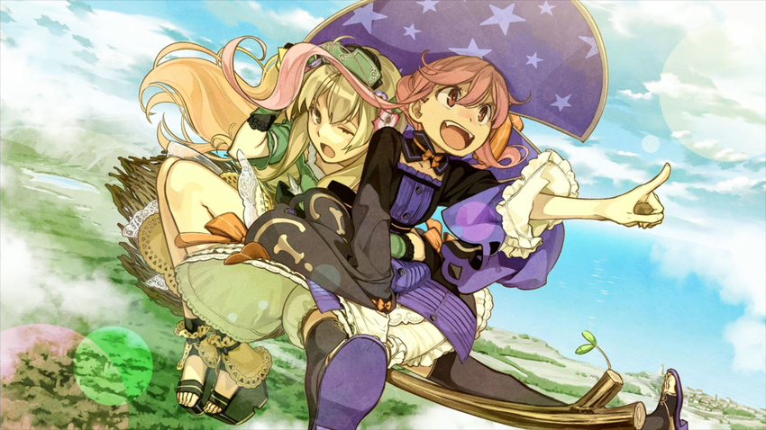 :d ;o atelier_(series) atelier_ayesha ayesha_altugle black_legwear blonde_hair bloomers boots broom broom_riding brown_eyes day fangs game_cg hat hidari_(left_side) highres long_hair multiple_girls official_art one_eye_closed open_mouth pink_eyes pink_hair pointing print_hat sandals shoes short_hair sidelocks skirt sky smile star star_print thigh_boots thighhighs toeless_legwear underwear wilbell_voll=erslied witch_hat