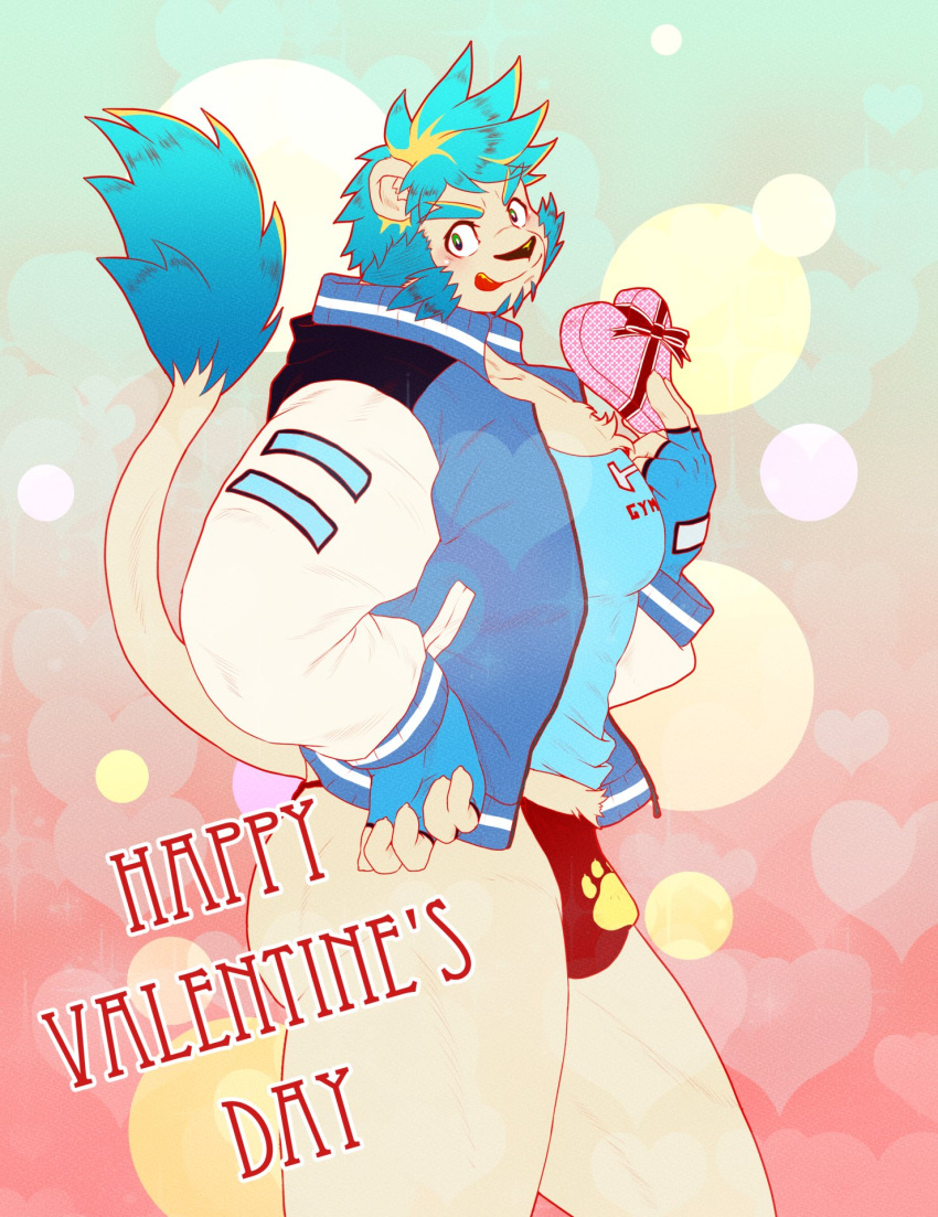 1boy :q animal_ears aqua_hair ass bara bi_tch_golli bishie_sparkle bulge candy chocolate cowboy_shot food from_side fundoshi furry furry_male happy_valentine heart heart-shaped_chocolate highres indie_virtual_youtuber jacket japanese_clothes large_pectorals liger_boy lion_ears lion_tail looking_at_viewer male_focus muscular muscular_male mutton_chops no_pants paw_print pectorals print_fundoshi red_fundoshi seductive_smile short_hair smile solo standing tail tail_raised thick_thighs thighs tohdoh_raigo tongue tongue_out track_jacket valentine