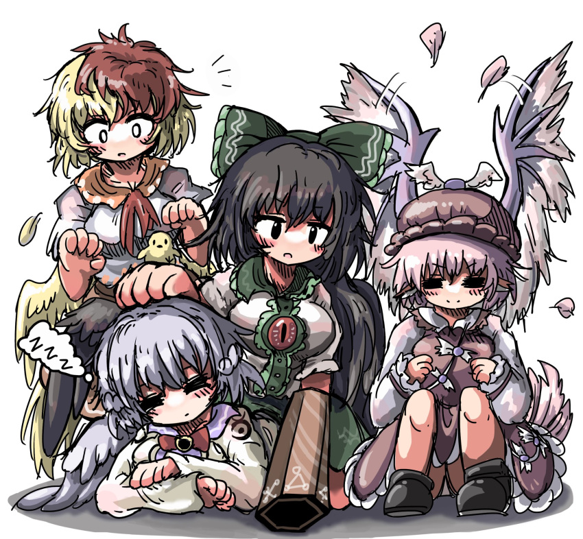 4girls angel_wings animal_ears arm_cannon bird bird_ears bird_on_hand bird_tail bird_wings black_wings blonde_hair blush bow bowtie braid brown_dress brown_headwear chick chicken closed_eyes commentary_request dress eye20806972 falling_feathers feathered_wings feathers french_braid girl_on_top green_bow green_skirt grey_wings hair_bow hat highres kishin_sagume long_hair long_sleeves lying multicolored_hair multiple_girls mystia_lorelei niwatari_kutaka on_stomach open_mouth pink_hair red_bow red_bowtie red_hair reiuji_utsuho shirt short_hair short_sleeves single_wing sitting skirt sleeping smile tail third_eye touhou two-tone_hair very_long_hair weapon white_shirt winged_hat wings yellow_wings zzz