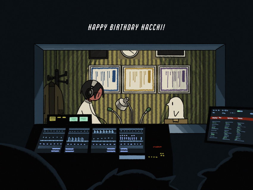 1boy 3others bird black_hair box cardboard_box character_name clock coat_rack commentary desk_lamp desk_microphone facial_hair from_side goatee_stubble hacchi_(napoli_no_otokotachi) happy_birthday highres indoors lamp monitor multiple_others napoli_no_otokotachi no_mouth no_sclera nonad out_of_frame profile radio_booth silhouette solo_focus stubble sweater turtleneck turtleneck_sweater wall_clock wallpaper_(object) white_sweater wide_shot