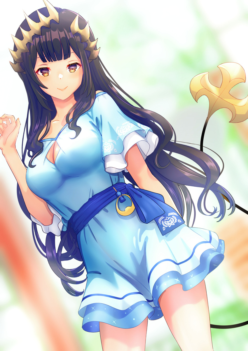 1girl absurdres arm_behind_back black_hair blue_dress blue_sash blunt_bangs blurry blurry_background blush breasts brown_eyes cleavage cleavage_cutout closed_mouth clothing_cutout commentary_request demon_girl demon_tail dress dutch_angle feet_out_of_frame hand_up highres konekoneko_(konekopi) large_breasts long_hair looking_at_viewer medium_bangs nanashi_inc. off-shoulder_dress off_shoulder sash shimamura_charlotte short_sleeves sidelocks smile solo tail tan virtual_youtuber wavy_hair