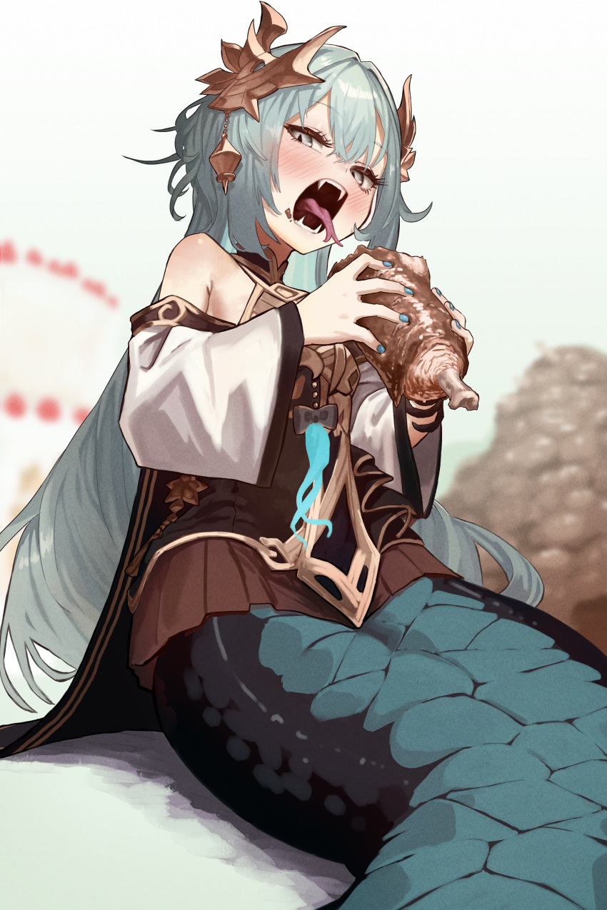 1girl absurdres blue_hair blush ekrea_jan fangs food forked_tongue highres lamia long_hair meat monster_girl nail_polish original slit_pupils solo tongue wide_sleeves