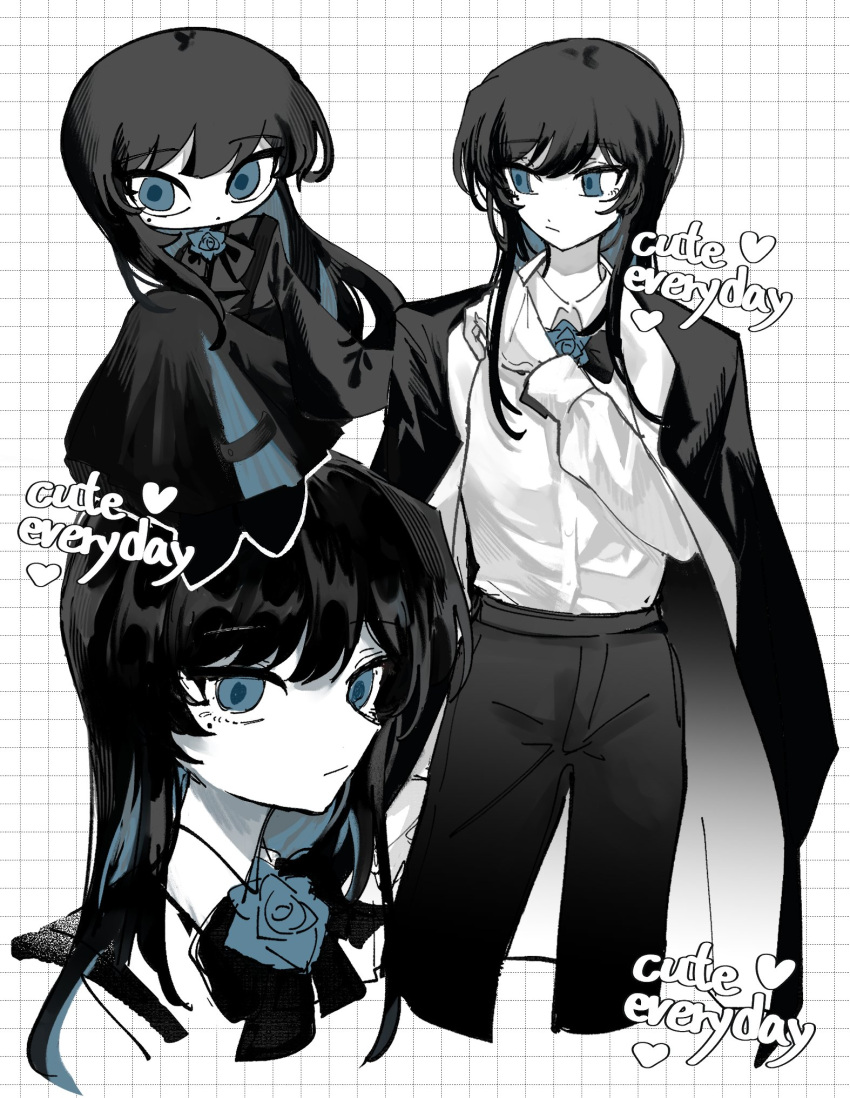 1girl ado_(utaite) black_bow black_bowtie black_coat black_hair black_pants blue_eyes blue_flower blue_hair blue_rose bow bowtie chando_(ado) chibi closed_mouth cloud_nine_inc coat coat_on_shoulders collared_shirt colored_inner_hair commentary cropped_legs cropped_torso dress_shirt english_text flower flower_brooch hashtag_only_commentary highres long_hair long_sleeves looking_at_viewer mole mole_under_eye multicolored_hair multiple_views pants phossscinnn rose shirt two-tone_hair upper_body utaite white_background white_shirt wide_sleeves