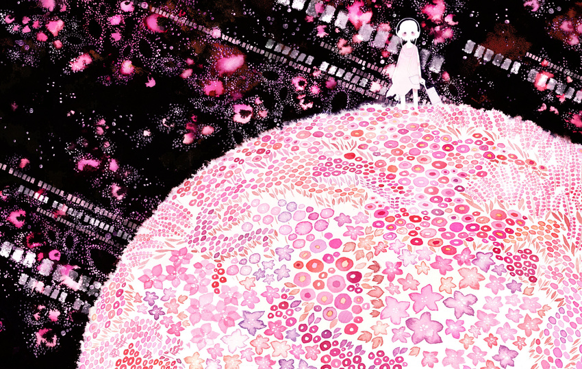 abstract blush commentary_request dress field flower flower_field full_body headphones highres looking_at_viewer original pink plant pocket sleeveless solo standing white white_hair white_skin yoshida_yoshitsugi