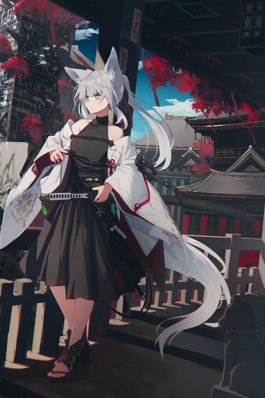 1girl absurdres agemaki_knot animal_ear_fluff animal_ears architecture bare_shoulders belt black_footwear black_hakama blunt_bangs broken_window building east_asian_architecture extra_ears fantasy floor floral_print fox_ears fox_girl fox_statue fox_tail from_side grey_hair hair_between_eyes hakama hakama_skirt high_heels highres holding holding_sword holding_weapon japanese_clothes katana kimono komainu lantern long_hair nagishiro_mito open_clothes open_kimono original overgrown ponytail railing ruins shrine sidelocks skirt sky skyscraper sleeveless sleeveless_turtleneck solo statue sword tail tower tree turtleneck weapon white_kimono wide_sleeves wooden_floor wooden_lantern yellow_eyes