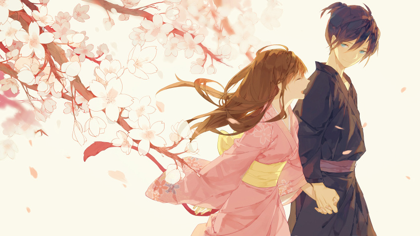 1boy 1girl absurdres black_hair black_kimono blue_eyes branch brown_hair cherry_blossoms closed_eyes closed_mouth cowboy_shot falling_petals highres holding_hands huahua_zhu iki_hiyori japanese_clothes kimono long_hair long_sleeves looking_at_another noragami obi open_mouth petals pink_kimono sash short_hair short_ponytail walking wide_sleeves yato_(noragami) yellow_background