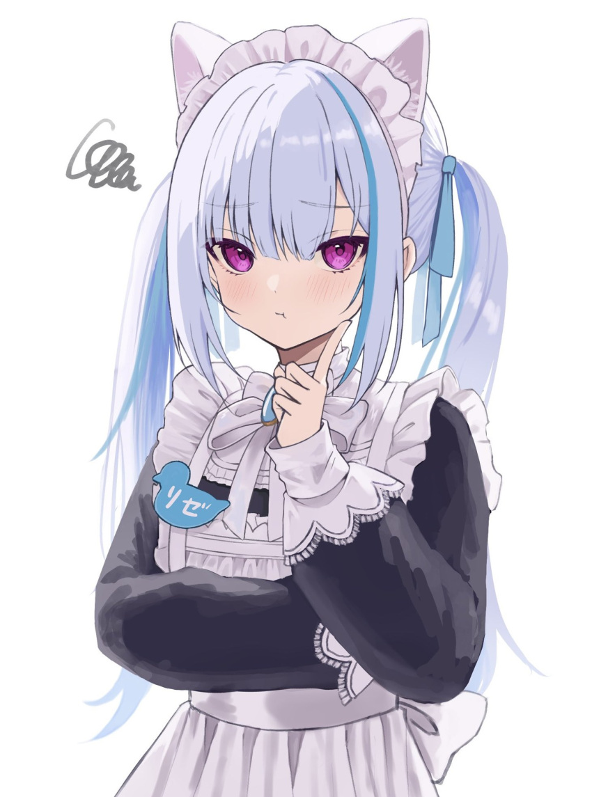 1girl :t alternate_costume animal_ears apron black_shirt blue_hair blush cat_ears enmaided fake_animal_ears finger_to_cheek frilled_apron frills hair_between_eyes haruwo highres index_finger_raised lize_helesta long_hair looking_at_viewer maid maid_headdress multicolored_hair name_tag nijisanji pout purple_eyes shirt sidelocks simple_background solo squiggle streaked_hair twintails two-tone_hair upper_body white_apron white_background white_hair