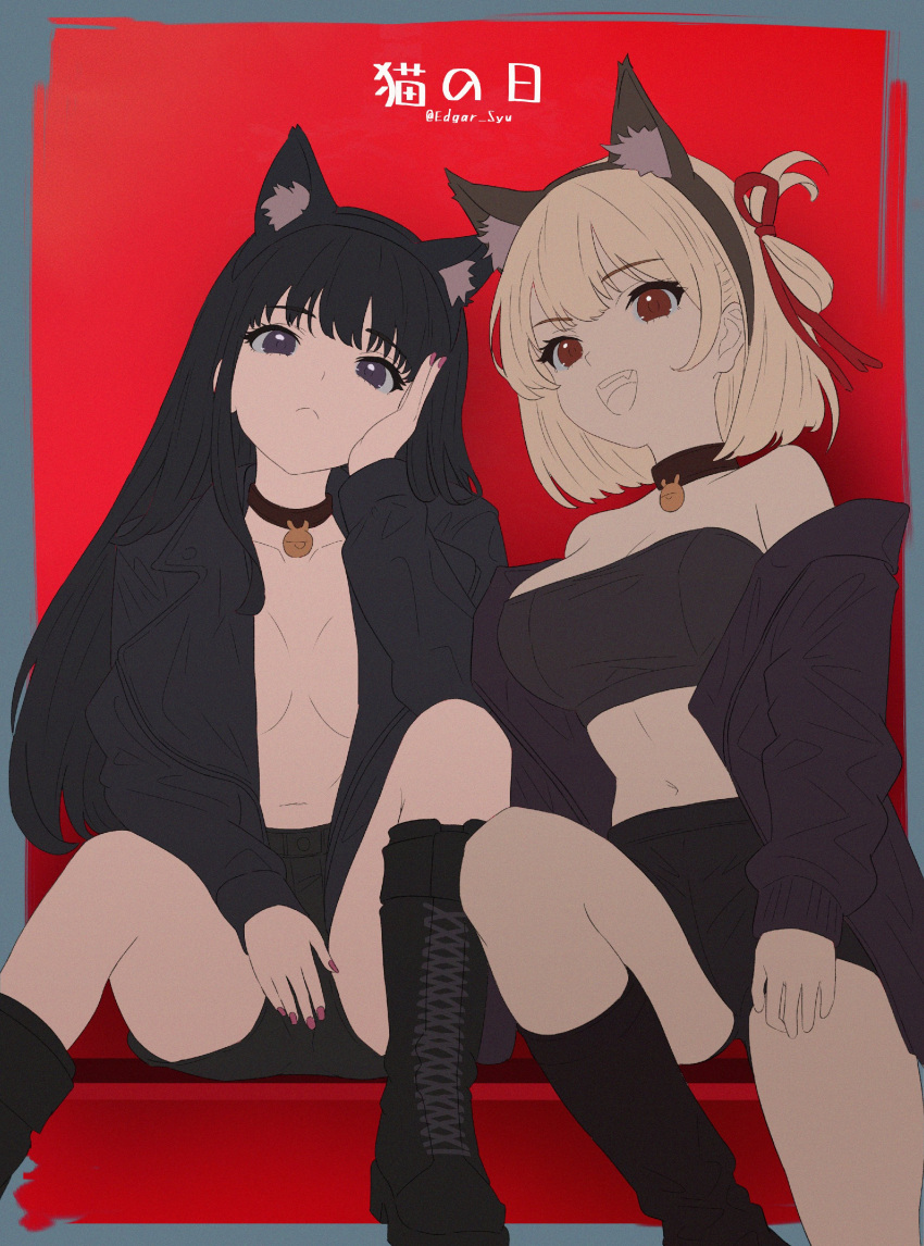 2girls absurdres animal_ear_hairband animal_ears black_choker black_footwear black_hair black_jacket black_shorts boots breasts cat_ears choker cleavage commentary crop_top edgar_syu english_commentary fake_animal_ears fang film_grain hair_ribbon hairband head_rest highres inoue_takina jacket large_breasts long_hair looking_at_viewer lycoris_recoil multiple_girls navel nishikigi_chisato off_shoulder one_side_up open_clothes open_jacket open_mouth purple_eyes purple_nails red_eyes red_ribbon ribbon shorts sidelocks small_breasts stomach teeth translated twitter_username upper_teeth_only