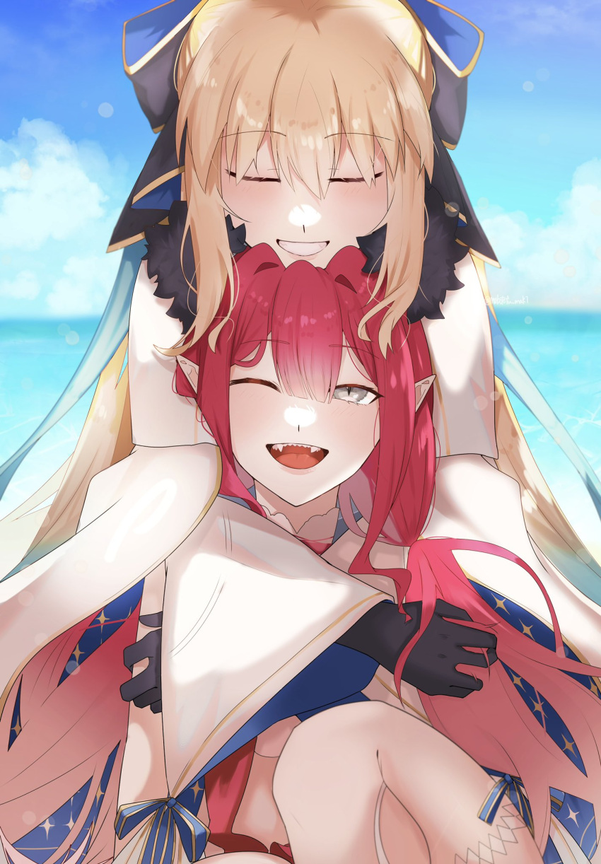 2girls baobhan_sith_(fate) baobhan_sith_(swimsuit_pretender)_(fate) baobhan_sith_(swimsuit_pretender)_(first_ascension)_(fate) black_bow black_gloves blonde_hair blue_sky blush bow closed_eyes day dress fangs fate/grand_order fate_(series) fur_trim gloves grey_eyes hair_bow head_on_head head_rest highres hug hug_from_behind long_hair low_twintails mabotofu_maki mother_and_daughter multiple_girls ocean one_eye_closed open_mouth outdoors pink_hair pointy_ears sharp_teeth sidelocks sky smile teeth thighs tonelico_(fate) tonelico_(second_ascension)_(fate) twintails white_dress wide_sleeves