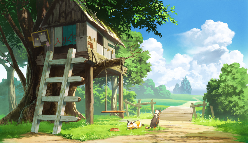 blue_sky board bowl calico cat cloud cloudy_sky commentary_request day fence food grass ladder mocha_(cotton) no_humans original paper pet_bowl road scenery sky swing tree treehouse
