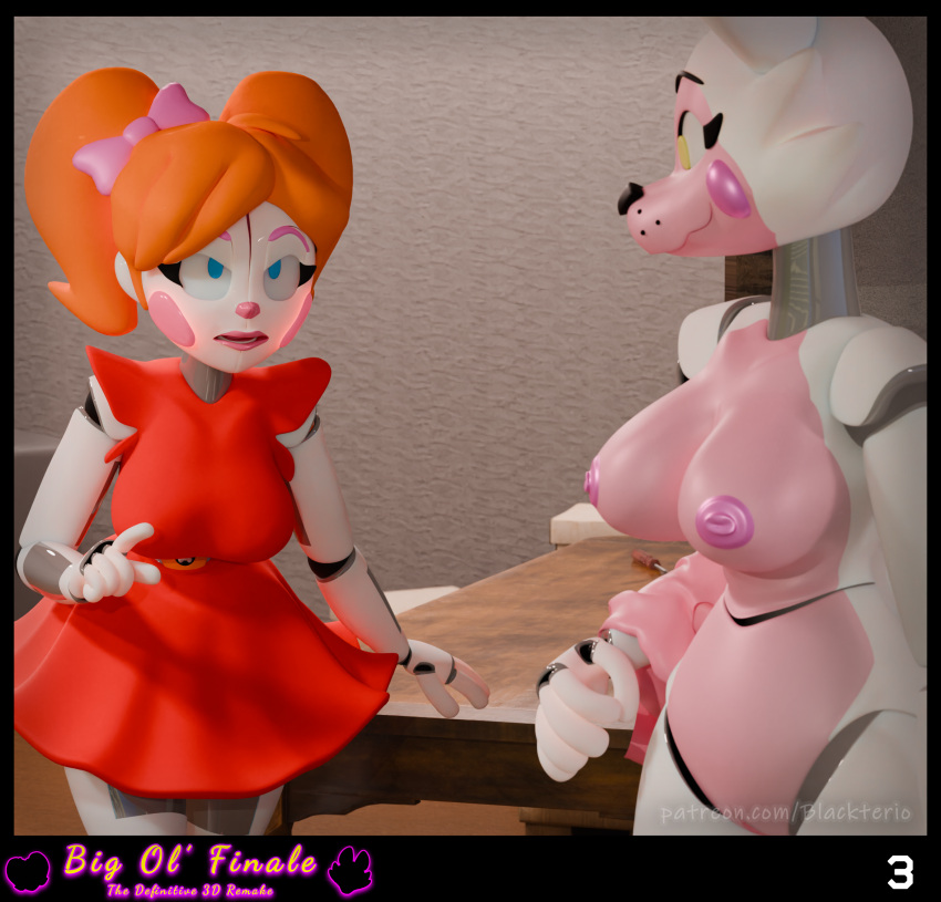 3d_(artwork) anthro blackterio blender_(software) blue_eyes bottomwear circus_baby_(fnaf) clothed clothing digital_media_(artwork) duo female female/female five_nights_at_freddy's five_nights_at_freddy's:_sister_location fully_clothed funtime_foxy_(fnaf) funtime_foxy_(fnafsl) hair hi_res humanoid nude orange_hair red_bottomwear red_clothing red_skirt red_topwear scottgames sister_location skirt suit topless topwear white_body