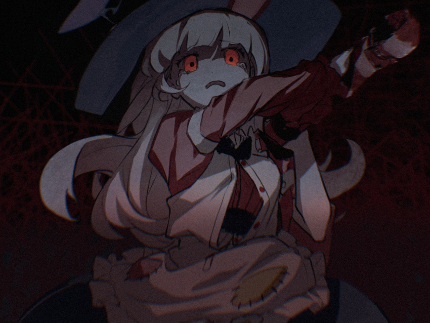 1girl animal_ears animal_hat apron club_(weapon) crying crying_with_eyes_open glowing glowing_eyes hat highres holding holding_weapon horror_(theme) irisu_kyouko irisu_shoukougun! long_hair long_sleeves looking_at_viewer open_mouth pink_shirt rabbit_ears red_background red_eyes ryuh_(asahina_neru) shirt solo spiked_club tears upper_body weapon white_apron white_hair witch_hat