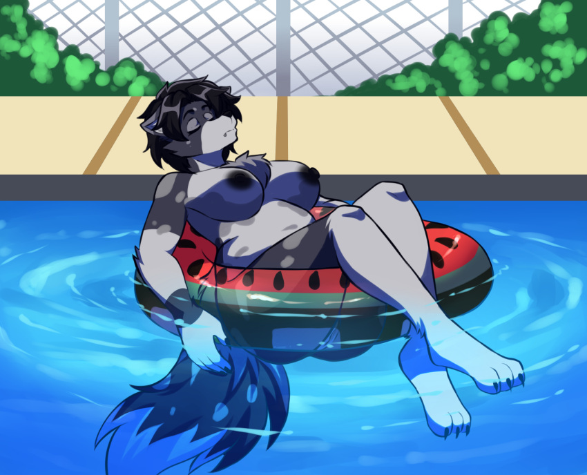 anthro areola belly black_hair black_sclera breasts butt canid canine canis casual_nudity chest_tuft eyes_closed female fluffy fluffy_tail fur genitals grey_body grey_fur hair hi_res inflatable inner_tube lilithdog mammal nude partially_submerged plant pool pool_toy public public_nudity pussy relaxing slightly_chubby solo spots swimming_pool tail thick_thighs tuft water white_belly wolf zairuz