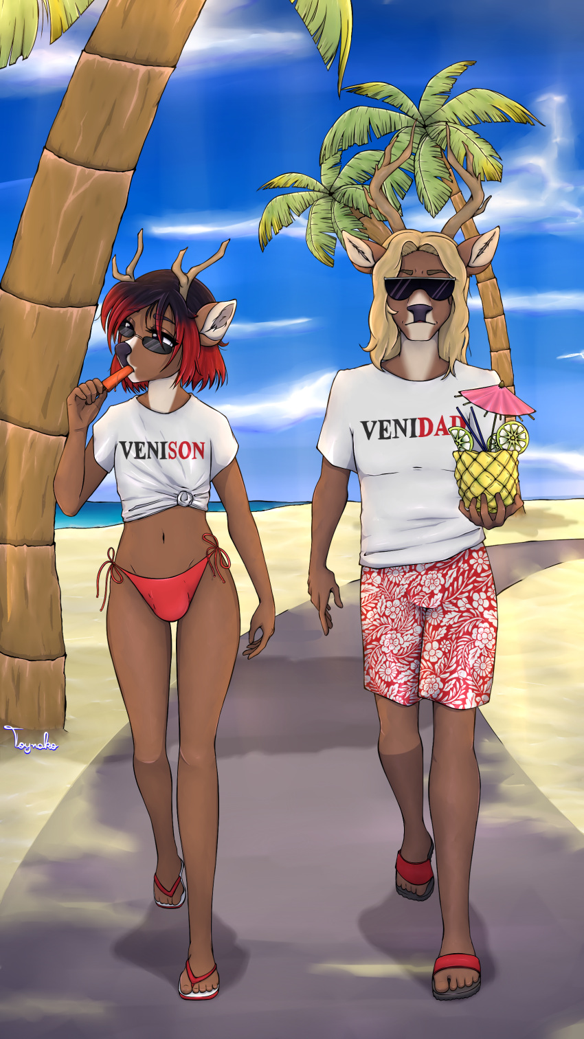 absurd_res alfredo_reyundo_(li'l_melon) anthro antlers asphalt beach beverage bikini bikini_bottom blonde_hair brown_body brown_fur bulge clothing cloud crop_top david_reyundo_(li'l_melon) day deer duo eyelashes eyewear father_(lore) father_and_child_(lore) father_and_son_(lore) flip_flops food footwear fruit fur girly hair hi_res horn long_hair male mammal midriff navel palm_tree parasol parent_(lore) parent_and_child_(lore) parent_and_son_(lore) pineapple plant popsicle red_hair sand sandals sea shadow shirt side_by_side sky slim son_(lore) straw strays_in_paradise sunglasses swimming_trunks swimwear t-shirt text text_on_clothing text_on_shirt text_on_topwear tied_shirt topwear toynako tree walking water