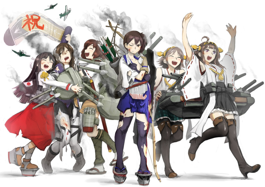 aircraft airplane ashigara_(kantai_collection) bearclaw black_hair blood blood_on_face bow_(weapon) breastplate brown_hair commentary_request hairband hiei_(kantai_collection) hiyou_(kantai_collection) hug injury ise_(kantai_collection) japanese_clothes kaga_(kantai_collection) kantai_collection katana kongou_(kantai_collection) long_hair multiple_girls pantyhose quiver short_hair side_ponytail simple_background smile smoke sword thighhighs torn_clothes torn_legwear turret weapon white_background
