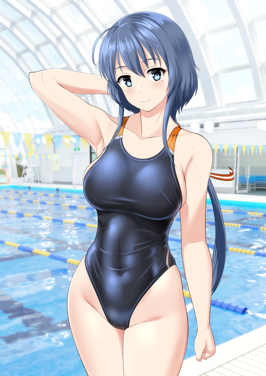 1girl absurdres ahoge arm_behind_head black_one-piece_swimsuit blue_hair breasts collarbone commentary_request competition_swimsuit covered_navel cowboy_shot highleg highleg_swimsuit highres indoors large_breasts long_hair low_ponytail one-piece_swimsuit pool poolside setouchi_chie solo standing string_of_flags swimsuit takafumi toji_no_miko two-tone_swimsuit variant_set