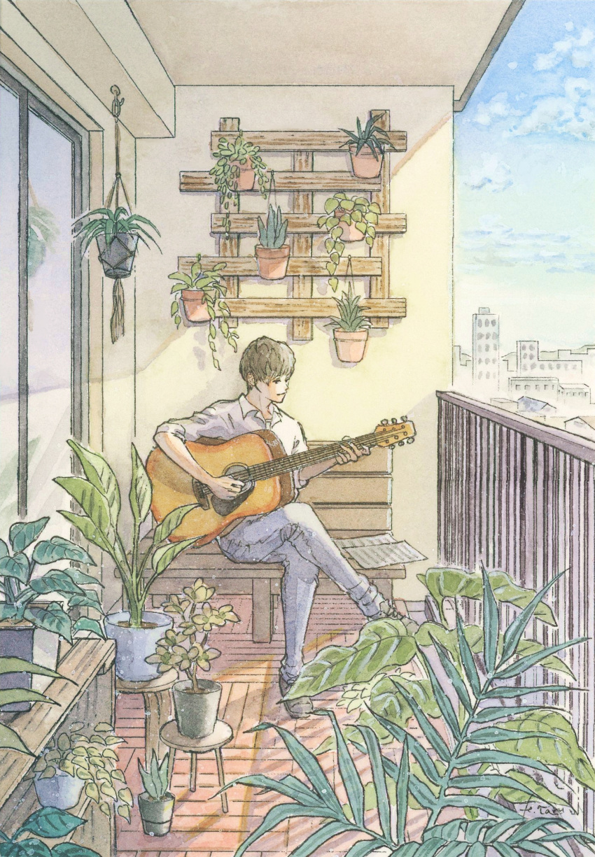 1boy acoustic_guitar balcony black_eyes blue_sky brown_hair cityscape collared_shirt commentary_request day door english_commentary full_body glass_door grey_footwear guitar hanasaki_taru hanging_plant highres holding holding_guitar holding_instrument indoors instrument looking_to_the_side male_focus mixed-language_commentary on_bench open_collar original outdoors painting_(medium) paper plant playing_guitar potted_plant railing shirt shoes short_hair sitting sky sleeves_past_elbows solo stool sunlight traditional_media watercolor_(medium) white_shirt