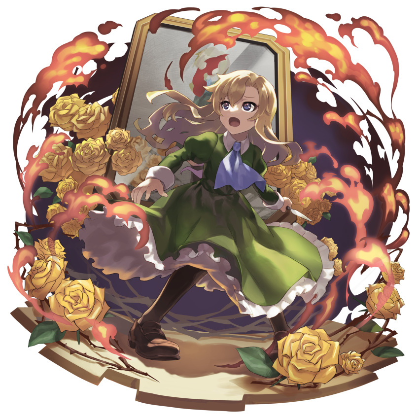 1girl ascot blonde_hair blue_ascot blue_eyes commentary dress fire floating_clothes floating_hair flower frilled_dress frills full_body green_dress hair_between_eyes highres holding holding_knife ib juliet_sleeves knife long_hair long_sleeves looking_to_the_side mary_(ib) open_mouth painting_(object) picture_frame portrait_(object) puffy_sleeves rose simple_background solo spoilers standing white_background yellow_flower yellow_rose yono_999