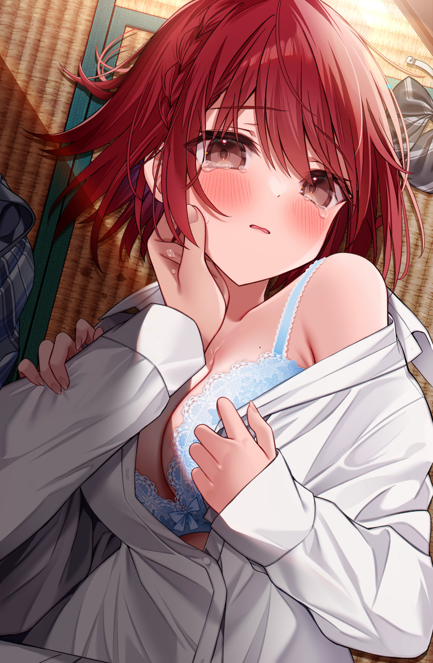1girl absurdres blue_bra blush bra braid breasts brown_eyes collared_shirt commentary_request dress_shirt french_braid hand_on_another's_cheek hand_on_another's_face highres kuro_namako lace-trimmed_bra lace_trim large_breasts long_sleeves looking_at_viewer mole mole_on_breast open_clothes open_shirt original parted_lips partially_unbuttoned partially_undressed pov red_hair shirt short_hair single_off_shoulder solo_focus tatami tearing_up underwear white_shirt