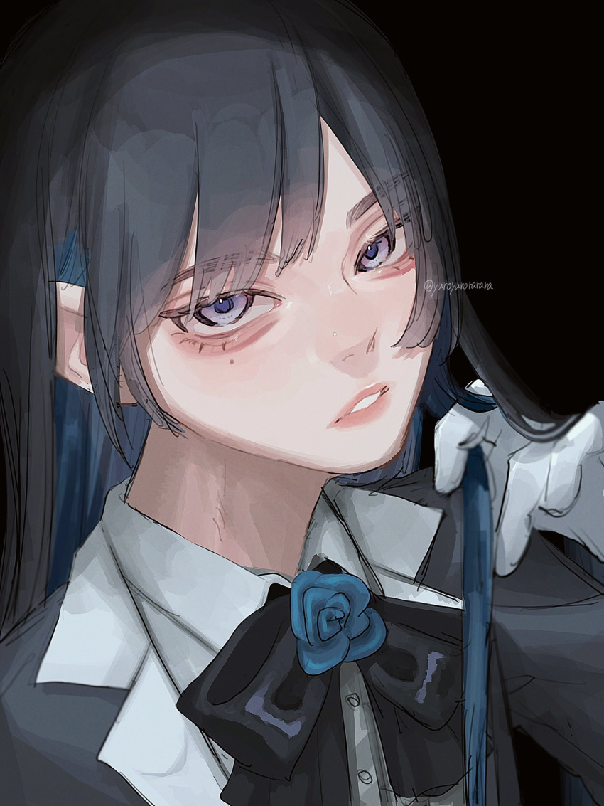1girl ado_(utaite) aegyo_sal black_background black_bow black_bowtie black_coat black_hair blue_eyes blue_flower blue_hair blue_rose bow bowtie chando_(ado) cloud_nine_inc coat collared_shirt colored_inner_hair commentary dress_shirt flower flower_brooch gloves highres long_hair looking_at_viewer mole mole_under_eye multicolored_hair open_clothes open_coat parted_lips rose shirt simple_background solo symbol-only_commentary twitter_username two-tone_hair upper_body utaite white_gloves white_shirt yurosuke