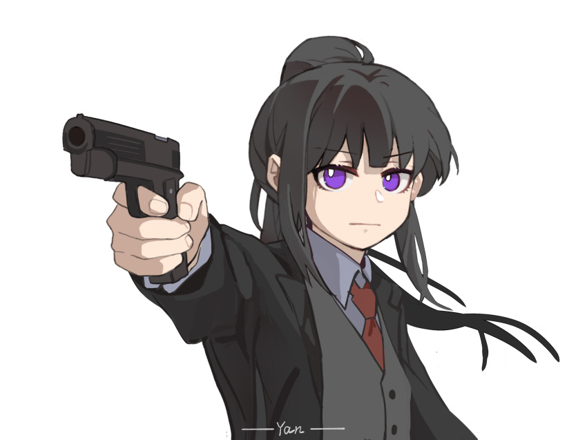 1girl black_hair black_jacket chinese_commentary closed_mouth collared_shirt commentary_request glaring grey_vest gun handgun highres holding holding_gun holding_weapon inoue_takina jacket long_hair long_sleeves looking_at_viewer lycoris_recoil necktie ponytail purple_eyes red_necktie shirt simple_background solo suit_jacket sunglasses upper_body vest waistcoat weapon white_background white_shirt yanlingjinshilihuahua