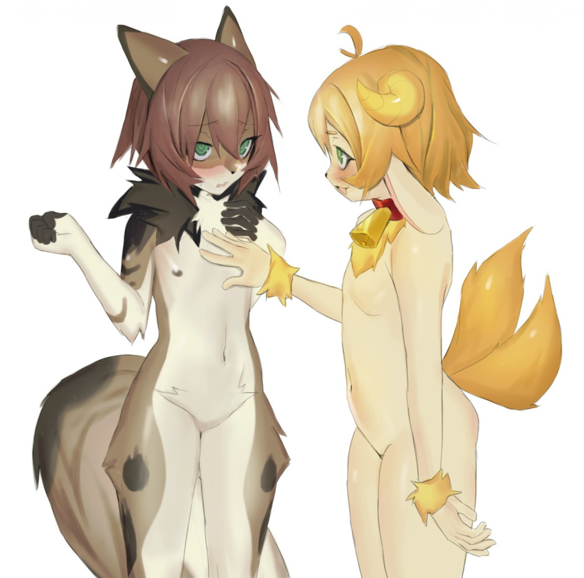 2020 anthro bell bell_collar biped black_nose blonde_hair blush bovid brown_ears brown_hair brown_nipples canid canine canis caprine collar digital_media_(artwork) domestic_dog duo featureless_crotch floppy_ears fur girly goat green_eyes hair hand_on_another's_chest hi_res horn humanoid_hands kemono light lighting looking_up male mammal navel neck_tuft nipples open_mouth open_smile portrait rofortyseven rory_(foulsbane) shaded simple_background smile standing tan_body tan_fur three-quarter_portrait tuft white_background yellow_horn