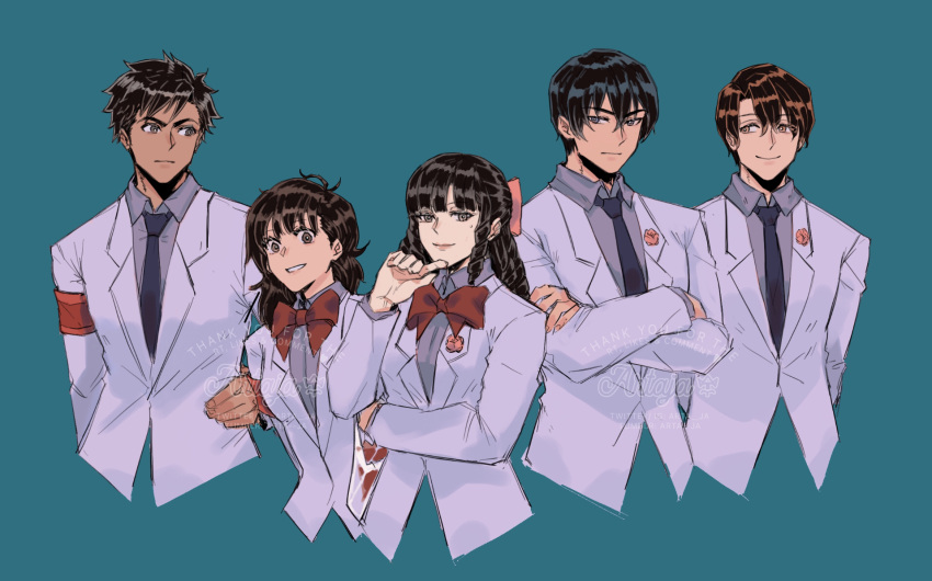 2girls 3boys black_hair blazer blue_background blue_necktie boutonniere bow bowtie brown_eyes brown_hair collared_shirt crossed_arms drill_hair enjou_shuusuke grey_shirt hair_ribbon hand_on_own_face hand_on_own_hip highres jacket kaburagi_masaya kenkyo_kenjitsu_wo_motto_ni_ikite_orimasu kisshouin_reika looking_at_another looking_at_viewer mizusaki_arima multiple_boys multiple_girls necktie red_bow red_bowtie ribbon shirt simple_background takamichi_wakaba upper_body watermark white_jacket