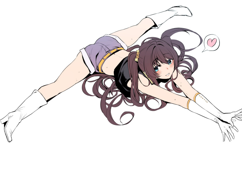 1girl akagi_asahito aqua_eyes belt black_shirt blush boots full_body gloves heart high_heel_boots high_heels highres long_hair looking_at_viewer open_mouth outstretched_arms purple_shorts shirt short_shorts shorts simple_background smile solo split spoken_heart sweat tamasaka_makoto tokyo_7th_sisters twintails very_long_hair white_background white_gloves