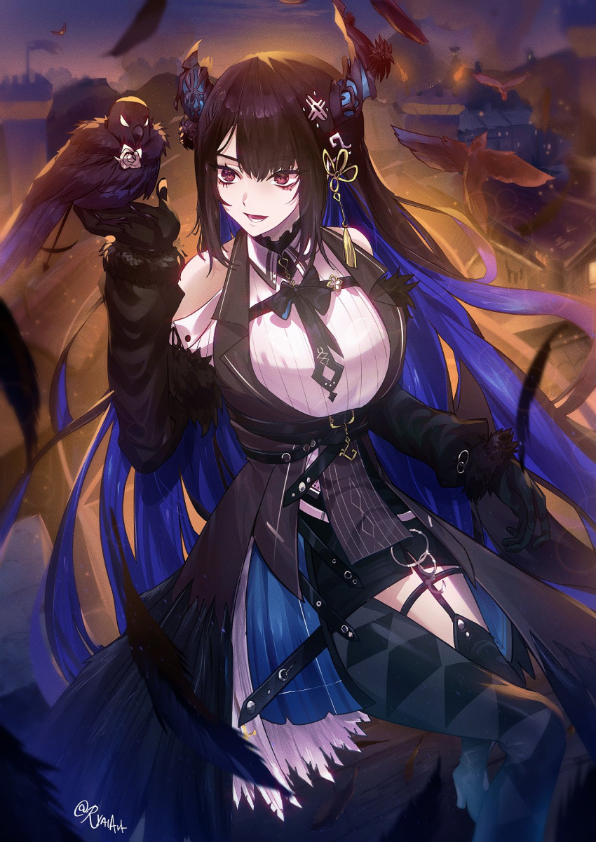 1girl asymmetrical_horns bare_shoulders bird black_hair blue_hair colored_inner_hair demon_horns feathers fur_trim gloves hair_ornament highres hololive hololive_english horns long_hair mole mole_under_eye multicolored_hair nerissa_ravencroft nerissa_ravencroft_(1st_costume) outdoors red_eyes ryairyai shadow_(nerissa_ravencroft) two-tone_hair uneven_horns virtual_youtuber