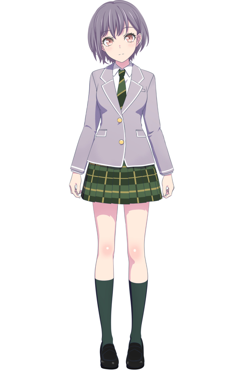 1girl bang_dream! bang_dream!_it's_mygo!!!!! black_footwear blazer breasts brown_eyes closed_mouth collared_shirt diagonal-striped_clothes diagonal-striped_necktie full_body green_necktie green_skirt green_socks grey_hair grey_jacket haneoka_school_uniform head_tilt highres jacket kneehighs loafers long_sleeves looking_at_viewer medium_breasts necktie official_art plaid plaid_skirt pleated_skirt school_uniform shirt shoes short_hair simple_background skirt socks solo striped_clothes tachi-e takamatsu_tomori transparent_background white_shirt