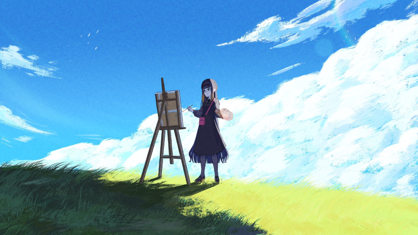 1girl bag black_dress blue_sky canvas_(object) cloud commentary dress easel full_body glasses gradient_hair grass handbag hat highres holding holding_paintbrush holding_palette hololive hololive_english ice_(10222) medium_dress multicolored_hair ninomae_ina'nis ninomae_ina'nis_(casual) official_alternate_costume orange_hair paintbrush painting_(action) palette_(object) purple_hair sky solo tentacle_hair virtual_youtuber