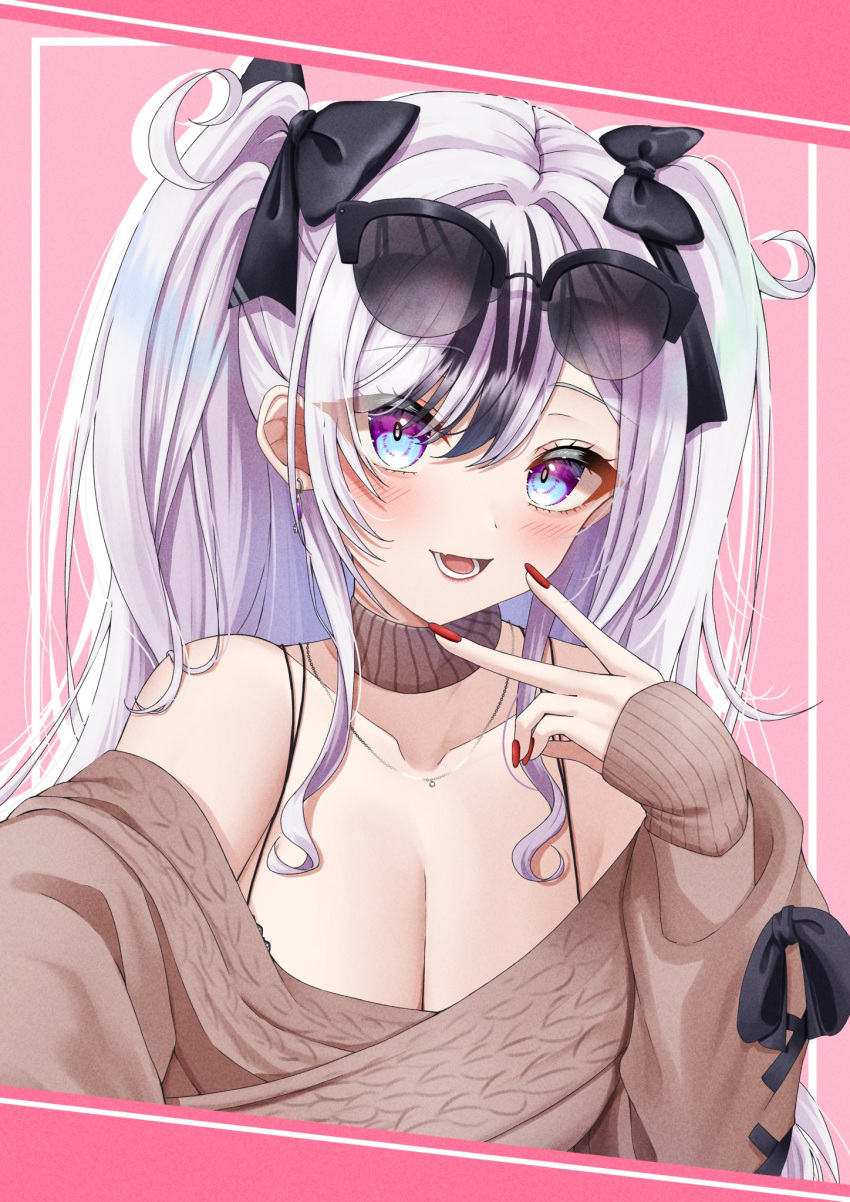 1girl :d azur_lane bare_shoulders black_bow black_hair blush bow bra_strap breasts brown_sweater cleavage commentary_request elbe_(azur_lane) eyewear_on_head hair_between_eyes hair_bow highres konparu_uran large_breasts long_hair long_sleeves looking_at_viewer multicolored_hair nail_polish off-shoulder_sweater off_shoulder open_mouth pink_background red_nails smile solo streaked_hair sunglasses sweater two_side_up upper_body very_long_hair white_hair