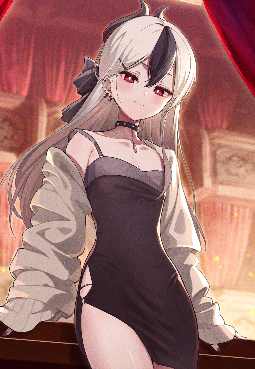 1girl black_choker black_dress black_hair black_horns blue_archive blush breasts choker cleavage closed_mouth cowboy_shot demon_horns dress ear_piercing earrings grey_halo grey_jacket halo highres horns jacket jewelry kabu_(niniko2ko) kayoko_(blue_archive) kayoko_(dress)_(blue_archive) long_hair long_sleeves looking_at_viewer multicolored_hair official_alternate_costume open_clothes open_jacket piercing red_eyes small_breasts smile solo white_hair