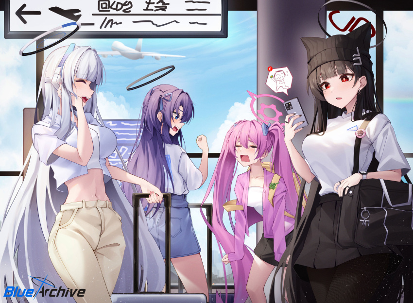 4girls ^_^ absurdres aircraft airplane airport alternate_costume animal_ear_headwear black_hair black_pantyhose black_skirt blue_archive breasts cardigan casual cellphone closed_eyes collarbone cropped_jacket cropped_shirt crying doodle_sensei_(blue_archive) grey_hair halo hand_on_own_cheek hand_on_own_face hidel highres holding holding_phone koyuki_(blue_archive) large_breasts long_hair looking_at_phone medium_breasts midriff multiple_girls navel noa_(blue_archive) outdoors pantyhose phone pink_cardigan pink_hair pleated_skirt purple_hair rio_(blue_archive) rolling_suitcase seminar_(blue_archive) sensei_(blue_archive) shirt shirt_tucked_in skirt stomach straight_hair suitcase title twintails very_long_hair white_shirt yuuka_(blue_archive)