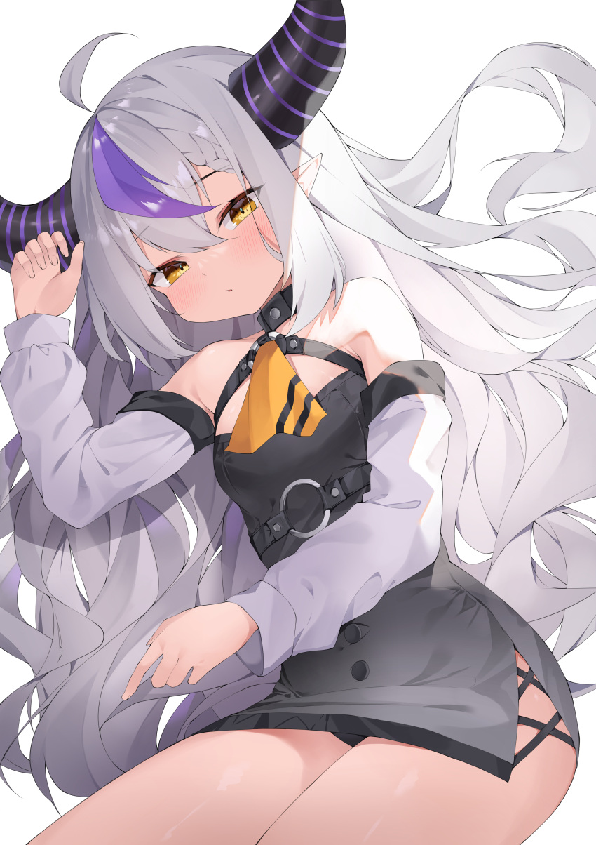 1girl absurdres ahoge ascot avant_garde_(artist) black_dress blush braid braided_bangs breasts demon_horns detached_sleeves dress grey_hair highres hololive horns la+_darknesss la+_darknesss_(1st_costume) long_hair looking_at_viewer lying multicolored_hair on_side pointy_ears purple_hair single_braid small_breasts streaked_hair very_long_hair virtual_youtuber white_sleeves yellow_ascot yellow_eyes