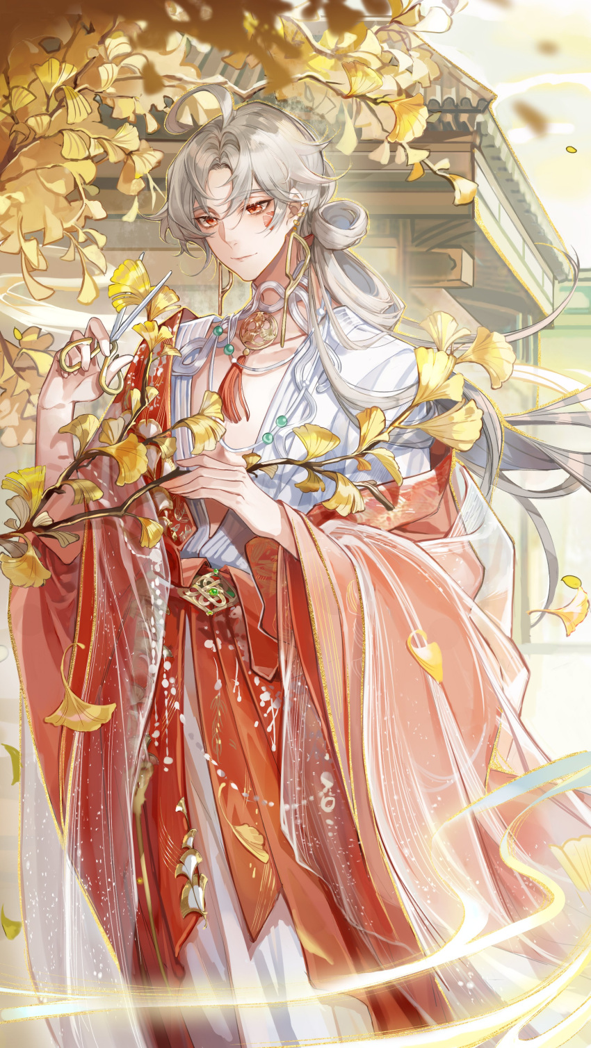 1boy absurdres ahoge architecture branch building chinese_clothes closed_mouth coat collar cutting ear_piercing earrings east_asian_architecture facial_mark falling_leaves feet_out_of_frame ginkgo_leaf ginkgo_tree grey_hair hair_rings hanfu highres holding holding_branch holding_scissors hua_yi_shanxin_zhiyue jewelry layered_sleeves leaf long_hair long_sleeves looking_at_viewer low_ponytail male_focus neck_tassel off_shoulder open_clothes open_robe parted_bangs piercing red_coat red_eyes red_sash robe sash scissors see-through smile solo standing white_robe wind xie_xingyi zukiyn
