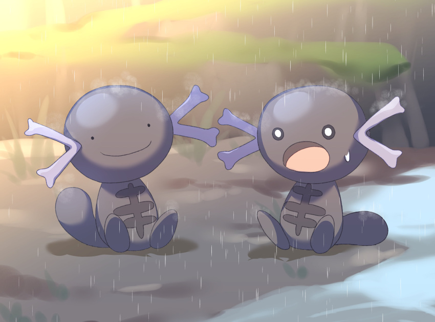 :o absurdres animal_focus black_eyes blurry blurry_background closed_mouth commentary_request dark_skin highres korean_commentary no_humans o_o open_mouth outdoors paldean_wooper pokemon pokemon_(creature) rain sitting smile solid_circle_eyes stellaofastra sweat tail