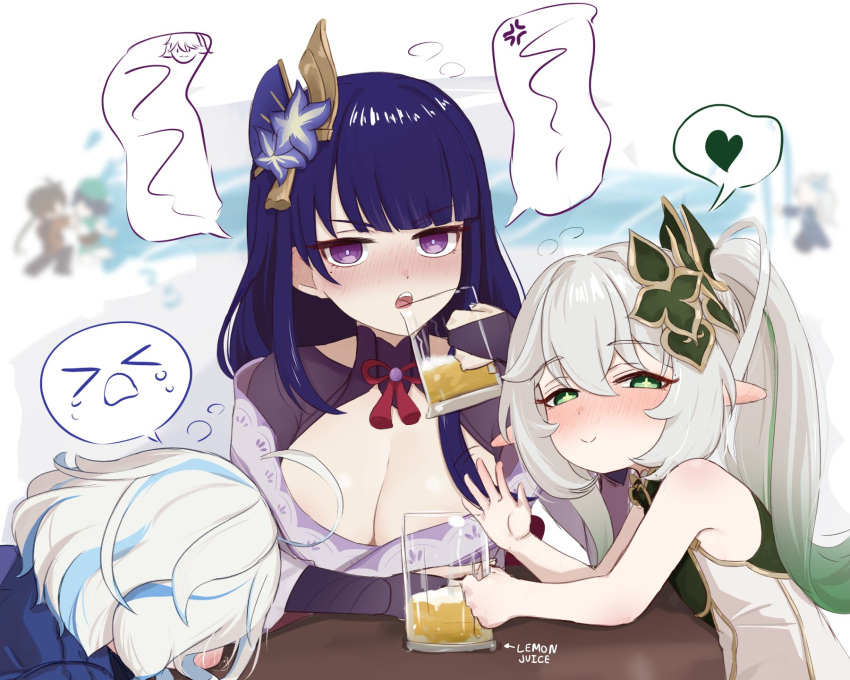 3boys 3girls ahoge alcohol anger_vein beer blue_hair blush breasts cleavage closed_mouth cup english_commentary flower furina_(genshin_impact) genshin_impact green_eyes green_hair hair_between_eyes hair_flower hair_ornament heart highres holding holding_cup japanese_clothes long_hair looking_at_viewer mockingeu mole mole_under_eye multicolored_hair multiple_boys multiple_girls nahida_(genshin_impact) neuvillette_(genshin_impact) open_mouth pointy_ears purple_hair raiden_shogun side_ponytail simple_background spoken_heart venti_(genshin_impact) white_hair zhongli_(genshin_impact)