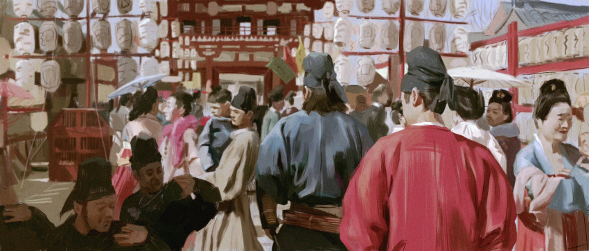 6+boys 6+girls architecture chang'an chang'an_shier_shichen chinese_clothes city crowd east_asian_architecture from_behind futou gate hanfu highres lantern multiple_boys multiple_girls oil-paper_umbrella painting_(medium) palm-fist_greeting paper_lantern road scene_reference shiiirooo street traditional_media turban umbrella yao_runeng zhang_xiaojing