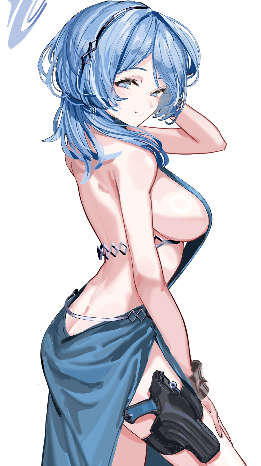 1girl absurdres ako_(blue_archive) ako_(dress)_(blue_archive) ass backless_dress backless_outfit blue_archive blue_dress blue_eyes blue_hair blue_halo blush breasts closed_mouth cowboy_shot dress earrings halo highres jewelry kazukingu large_breasts long_hair looking_at_viewer official_alternate_costume sideboob simple_background sleeveless sleeveless_dress smile solo white_background